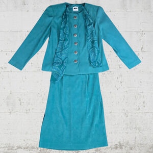 80s Vintage Teal Green Leslie Fay Faux Suede Scarf Blazer Midi Skirt Set Size 10